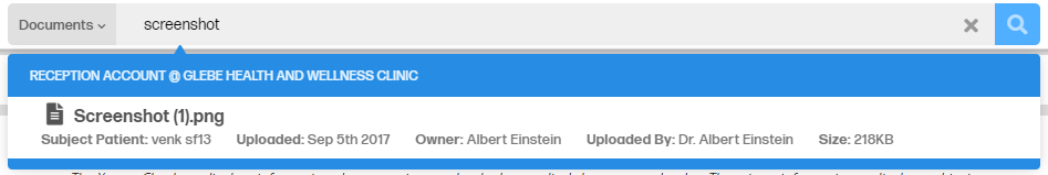 How do I find a document from anywhere in the app - image showing the document search from the main toolbar at the top, a drop-down showing a document searched.